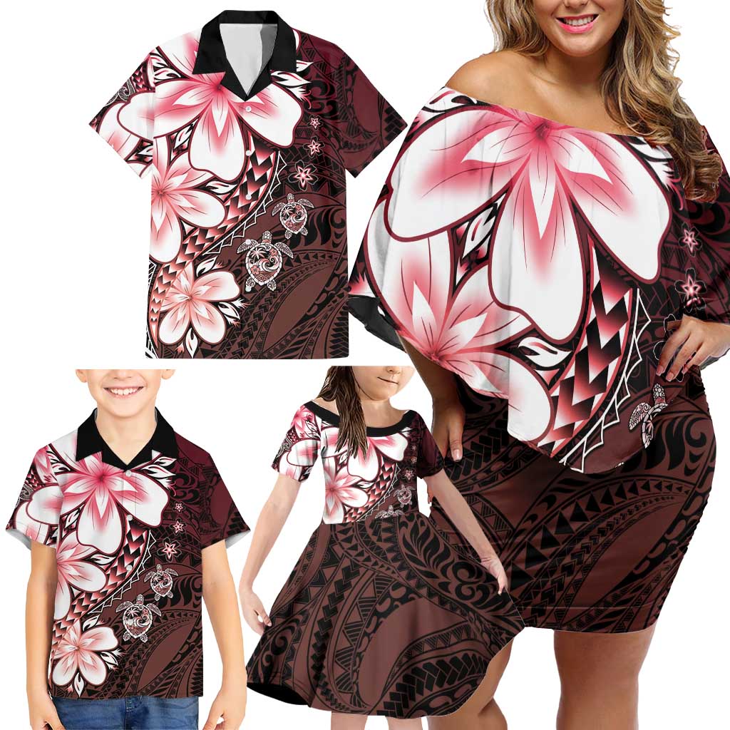 Polynesia Romantic Valentine Family Matching Off Shoulder Short Dress and Hawaiian Shirt Sea Turtle Couple With Red Gradient Plumeria LT05 - Polynesian Pride