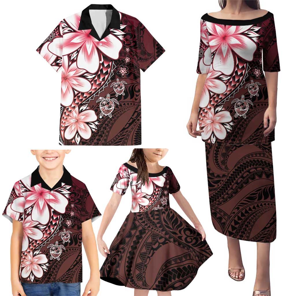Polynesia Romantic Valentine Family Matching Puletasi and Hawaiian Shirt Sea Turtle Couple With Red Gradient Plumeria