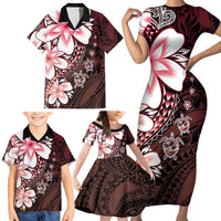 Polynesia Romantic Valentine Family Matching Short Sleeve Bodycon Dress and Hawaiian Shirt Sea Turtle Couple With Red Gradient Plumeria LT05 - Polynesian Pride
