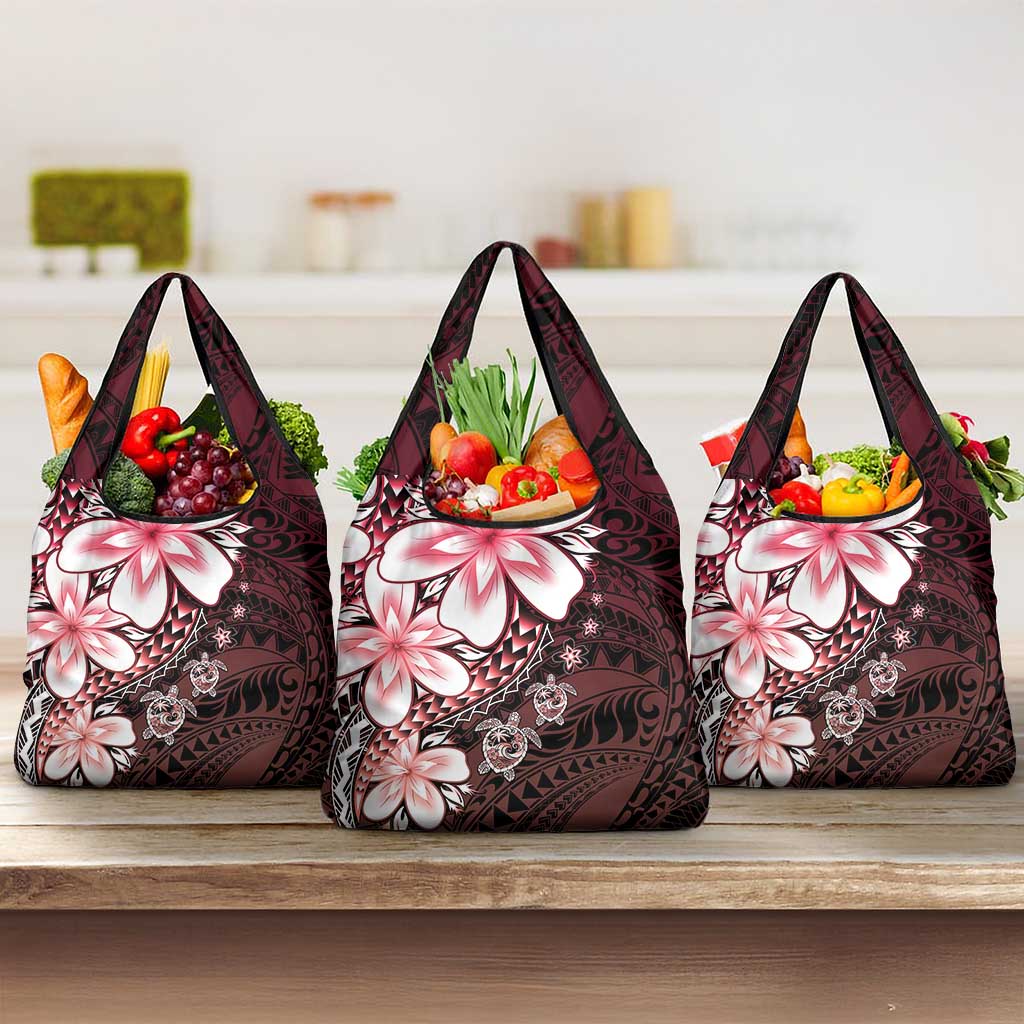Polynesia Romantic Valentine Grocery Bag Sea Turtle Couple With Red Gradient Plumeria