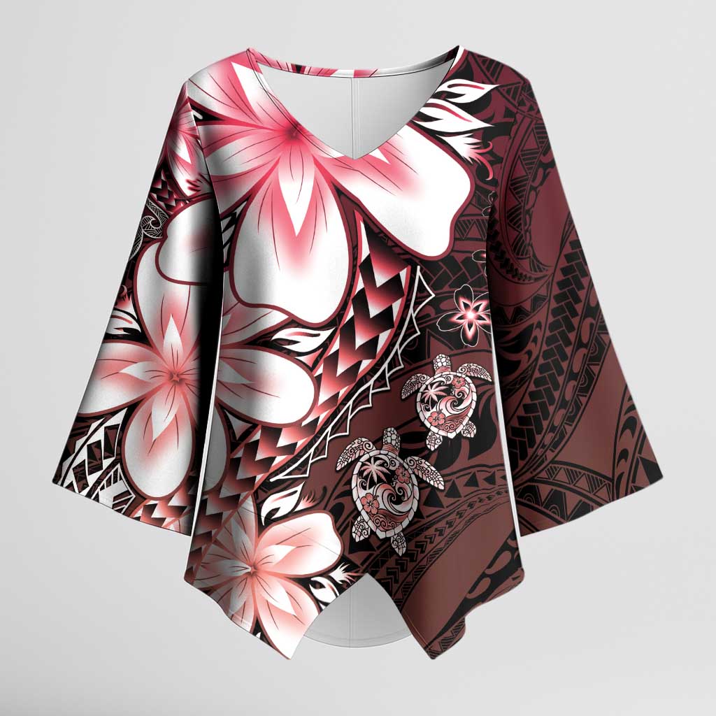Polynesia Romantic Valentine Kimono Sleeve Blouse Sea Turtle Couple With Red Gradient Plumeria