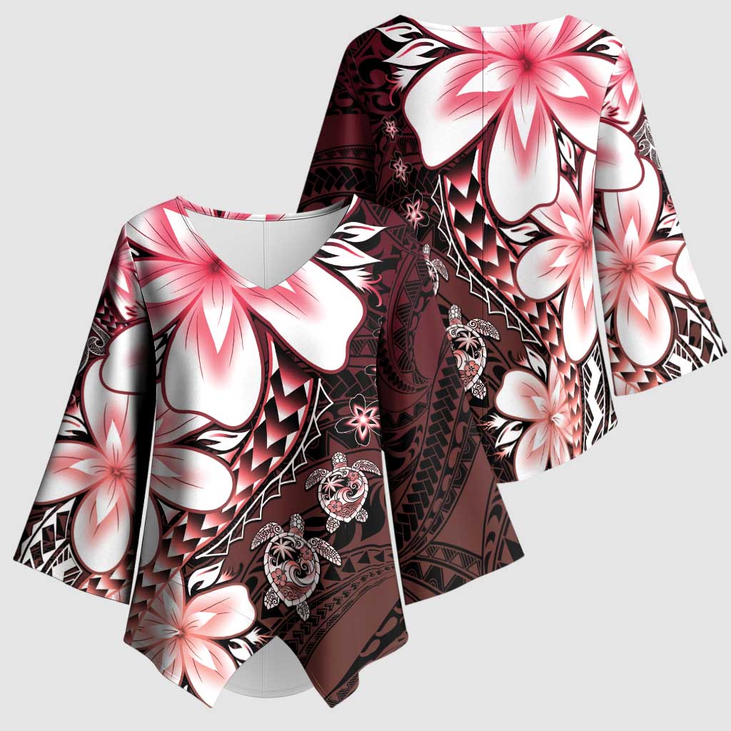 Polynesia Romantic Valentine Kimono Sleeve Blouse Sea Turtle Couple With Red Gradient Plumeria