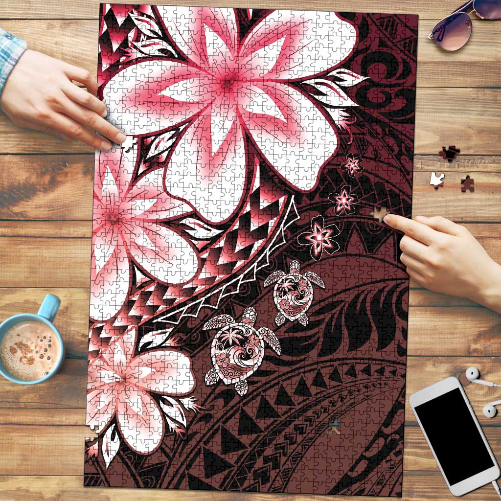 Polynesia Romantic Valentine Puzzle Sea Turtle Couple With Red Gradient Plumeria