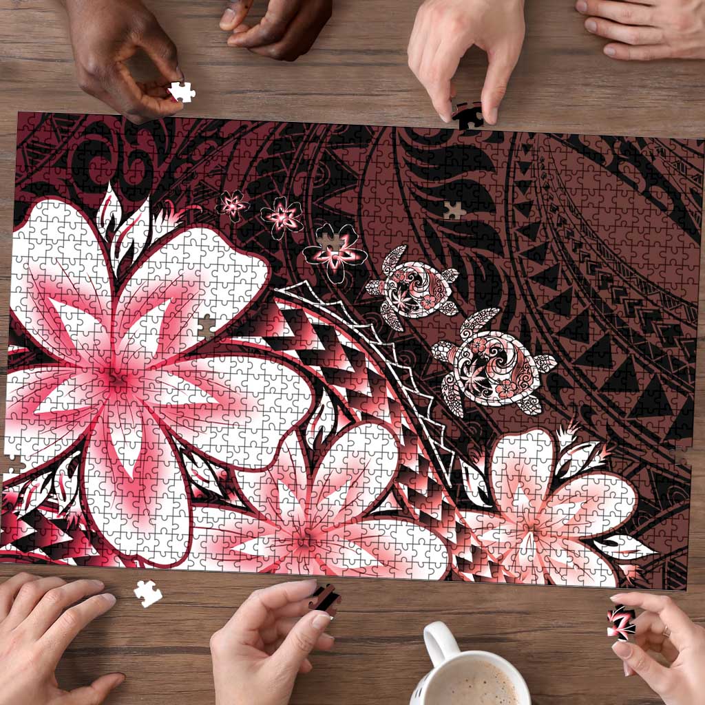 Polynesia Romantic Valentine Puzzle Sea Turtle Couple With Red Gradient Plumeria