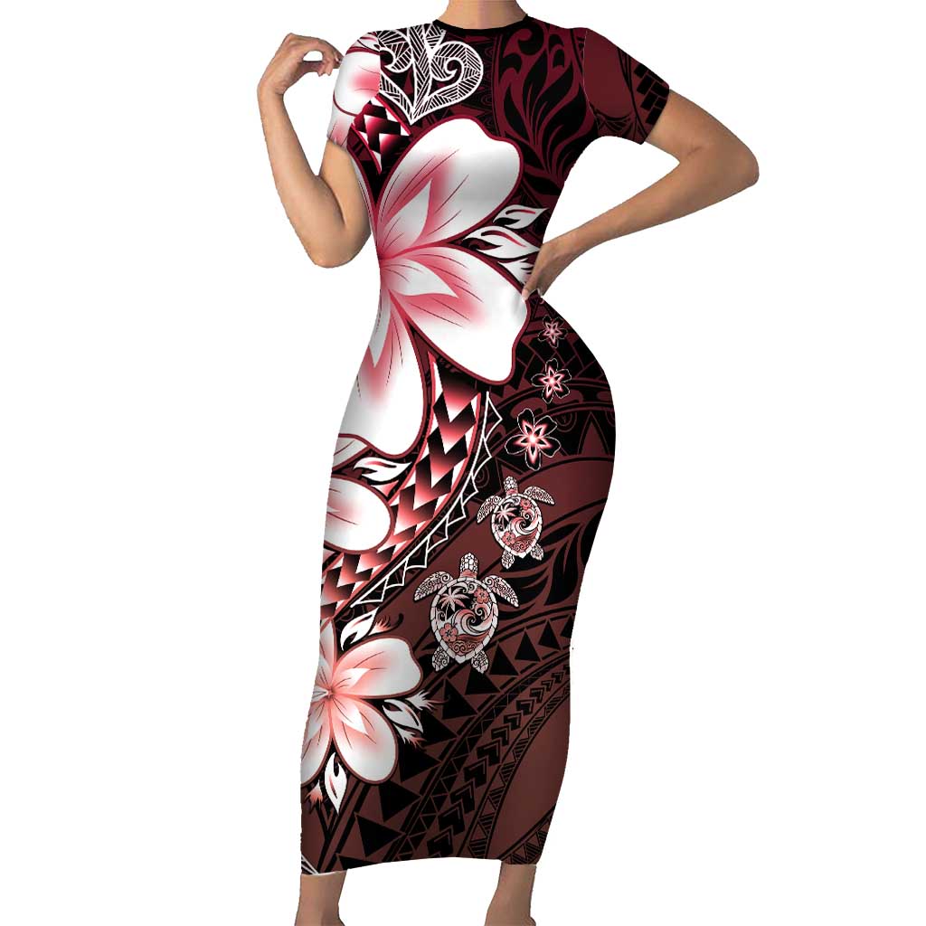 Polynesia Romantic Valentine Short Sleeve Bodycon Dress Sea Turtle Couple With Red Gradient Plumeria