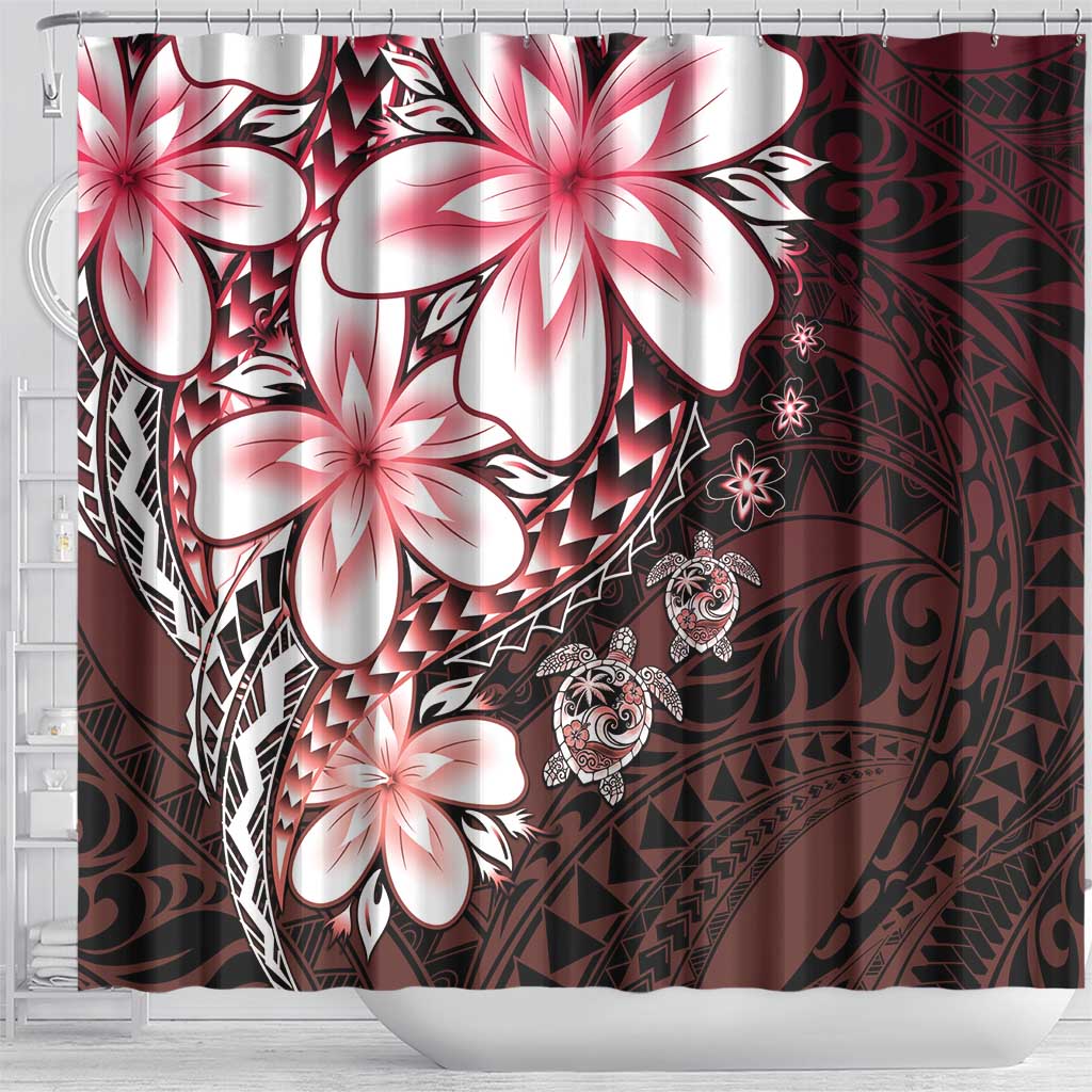 Polynesia Romantic Valentine Shower Curtain Sea Turtle Couple With Red Gradient Plumeria