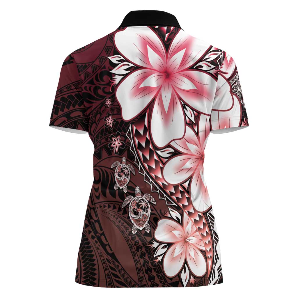Polynesia Romantic Valentine Women Polo Shirt Sea Turtle Couple With Red Gradient Plumeria