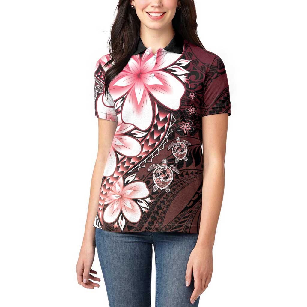 Polynesia Romantic Valentine Women Polo Shirt Sea Turtle Couple With Red Gradient Plumeria