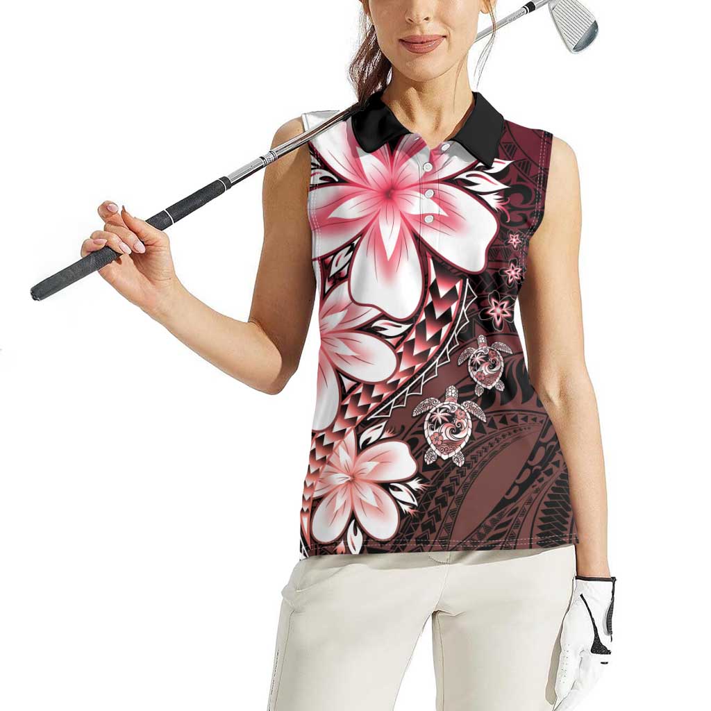 Polynesia Romantic Valentine Women Sleeveless Polo Shirt Sea Turtle Couple With Red Gradient Plumeria