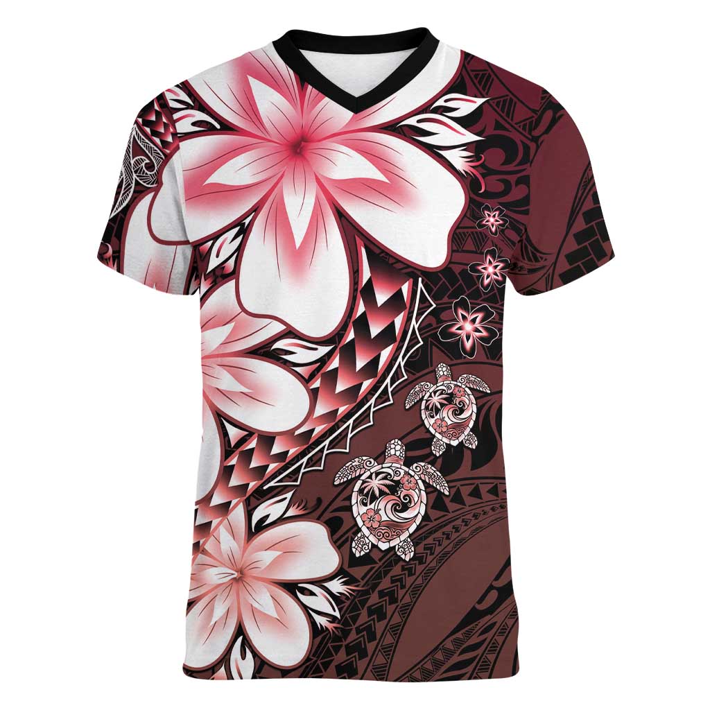 Polynesia Romantic Valentine Women V-Neck T-Shirt Sea Turtle Couple With Red Gradient Plumeria
