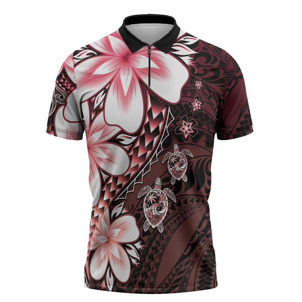 Polynesia Romantic Valentine Zipper Polo Shirt Sea Turtle Couple With Red Gradient Plumeria