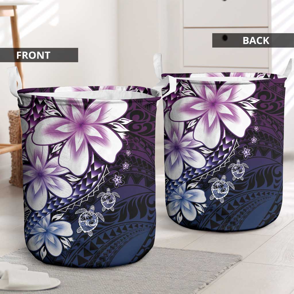 Polynesia Romantic Valentine Laundry Basket Sea Turtle Couple With Purple Gradient Plumeria
