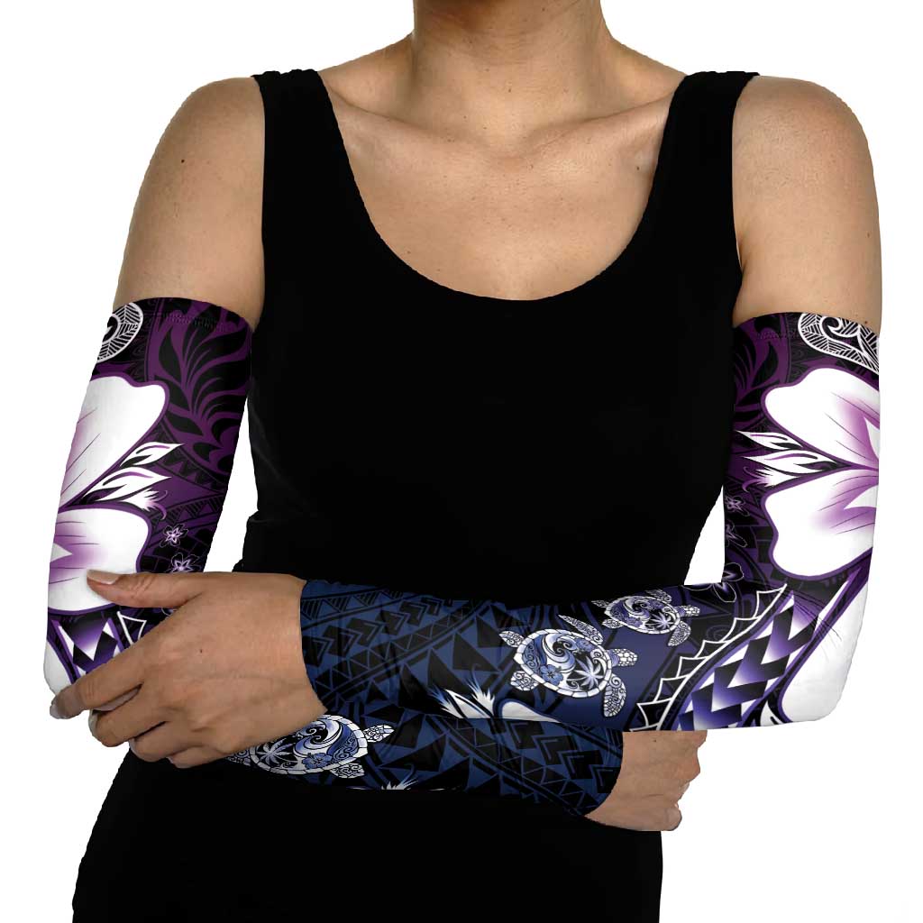 Polynesia Romantic Valentine Arm Sleeves Sea Turtle Couple With Purple Gradient Plumeria