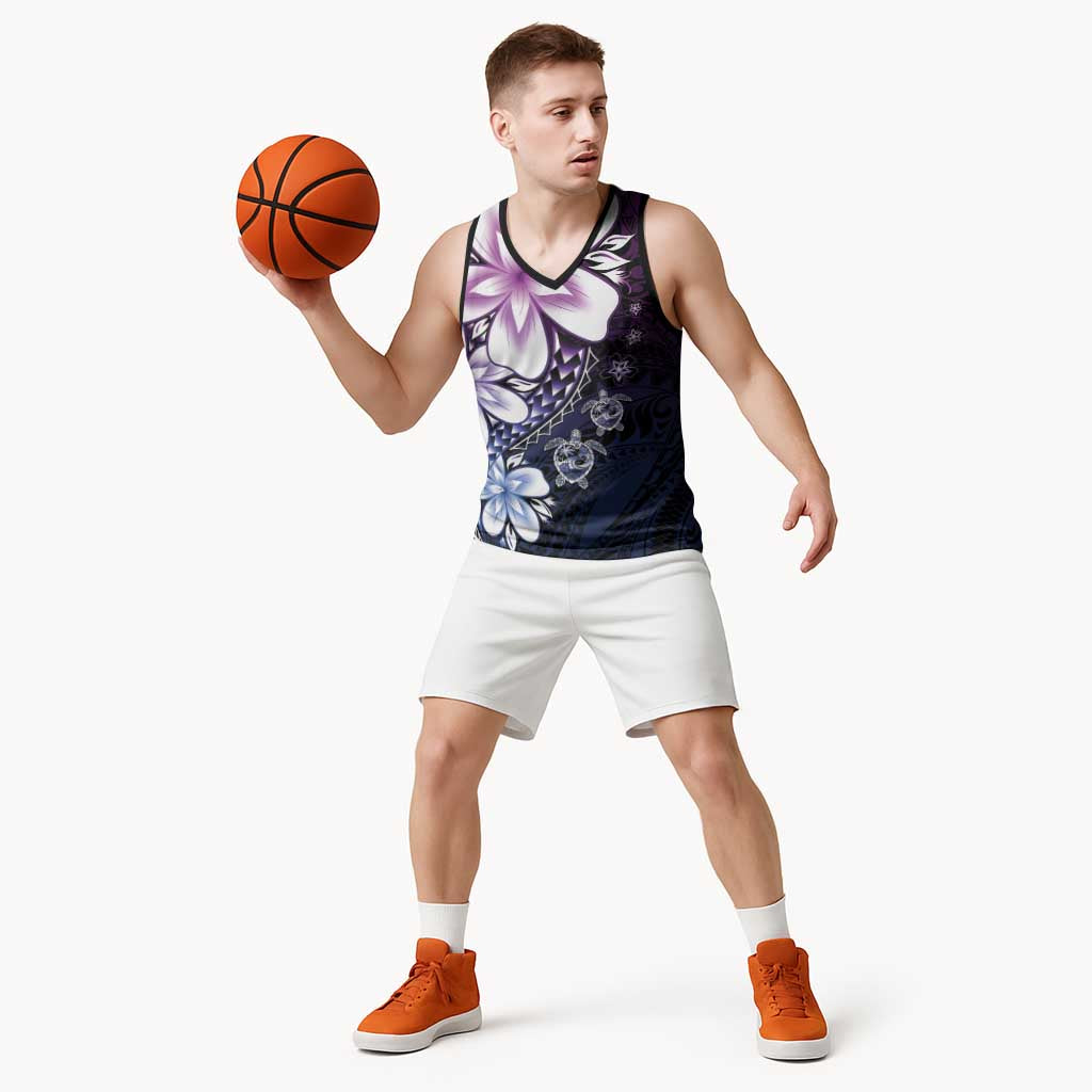 Polynesia Romantic Valentine Basketball Jersey Sea Turtle Couple With Purple Gradient Plumeria