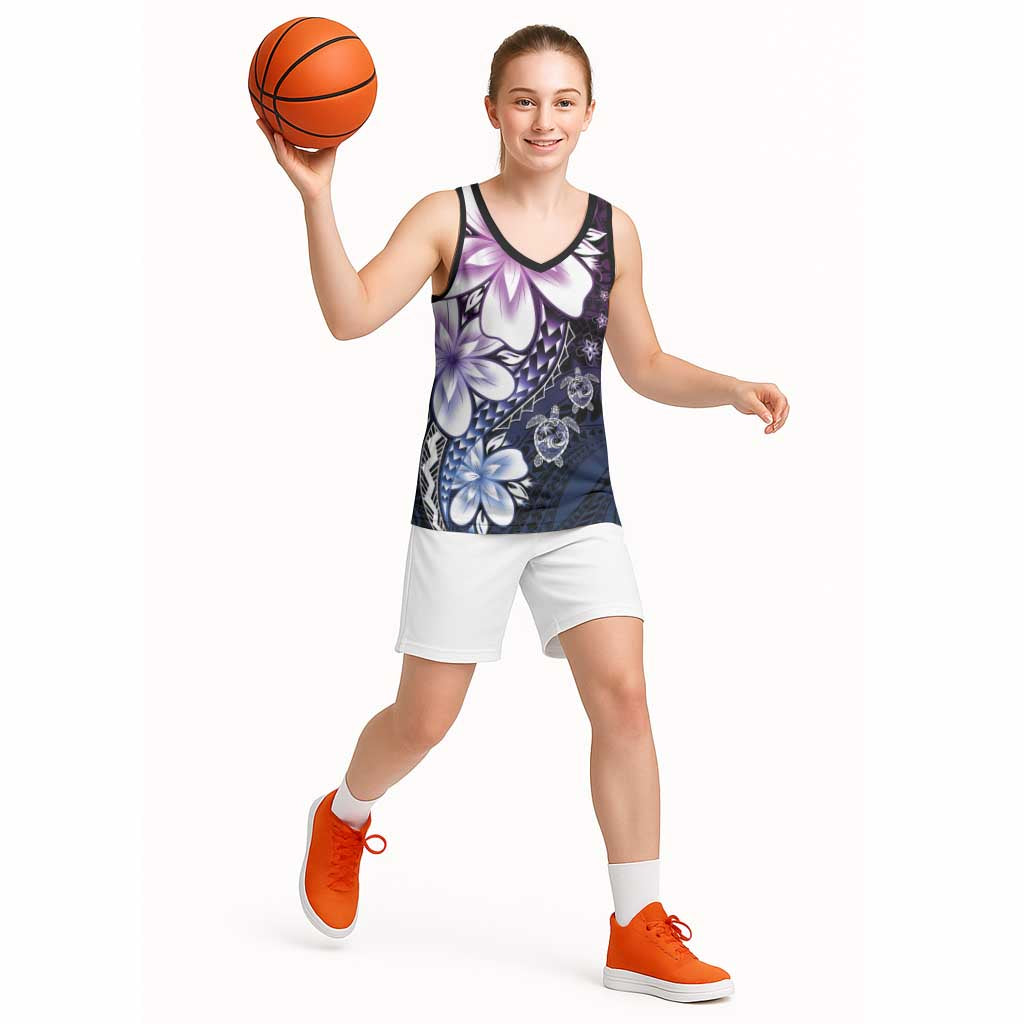 Polynesia Romantic Valentine Basketball Jersey Sea Turtle Couple With Purple Gradient Plumeria