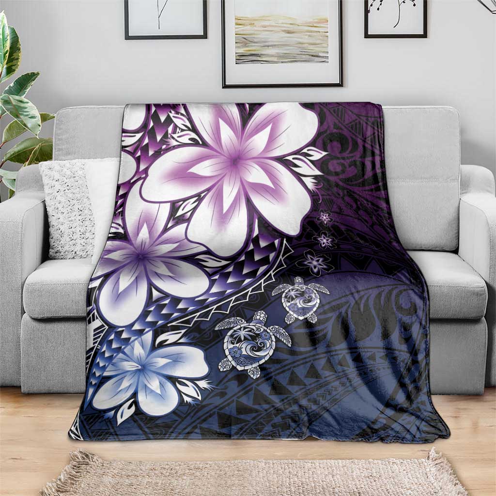 Polynesia Romantic Valentine Blanket Sea Turtle Couple With Purple Gradient Plumeria