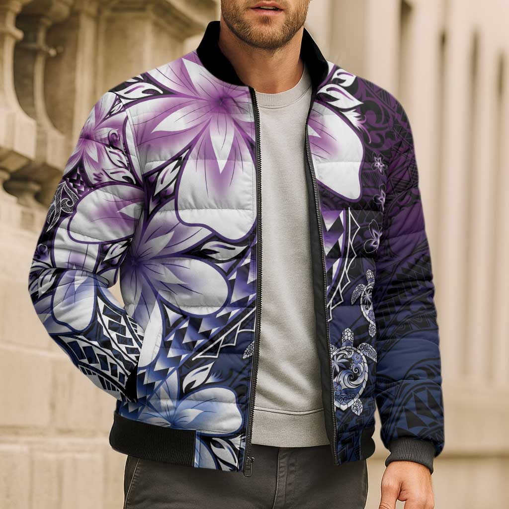 Polynesia Romantic Valentine Bomber Puffer Jacket Sea Turtle Couple With Purple Gradient Plumeria