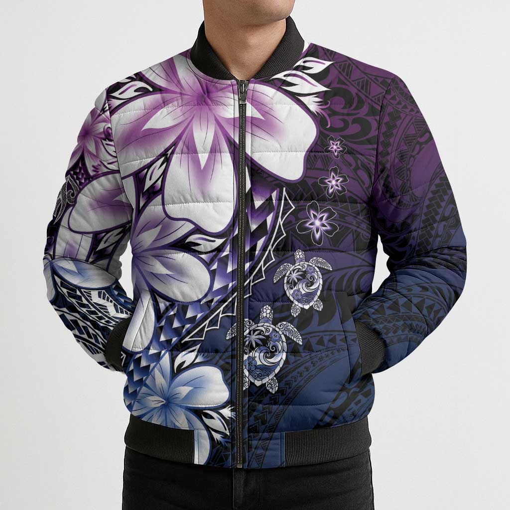 Polynesia Romantic Valentine Bomber Puffer Jacket Sea Turtle Couple With Purple Gradient Plumeria