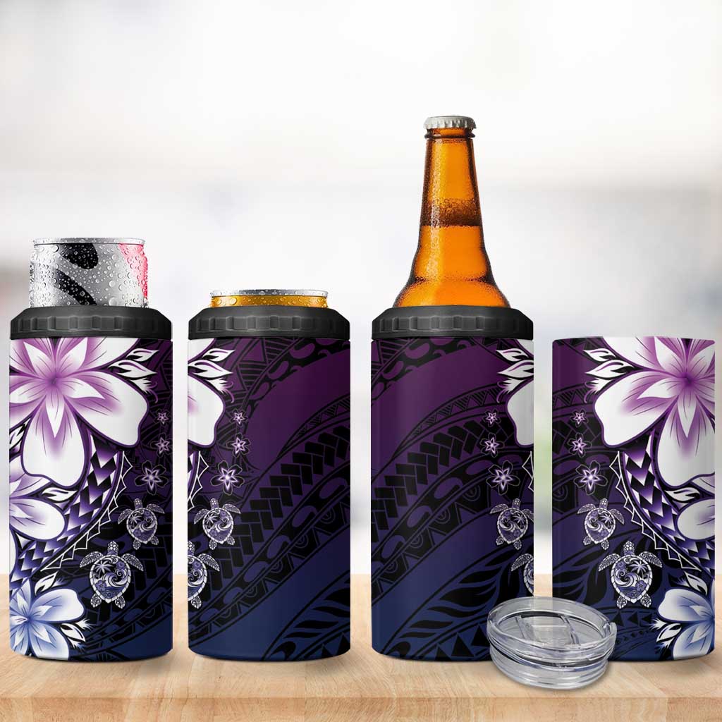 Polynesia Romantic Valentine 4 in 1 Can Cooler Tumbler Sea Turtle Couple With Purple Gradient Plumeria