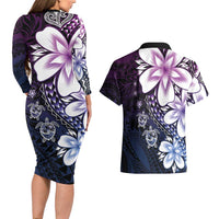 Polynesia Romantic Valentine Couples Matching Long Sleeve Bodycon Dress and Hawaiian Shirt Sea Turtle Couple With Purple Gradient Plumeria