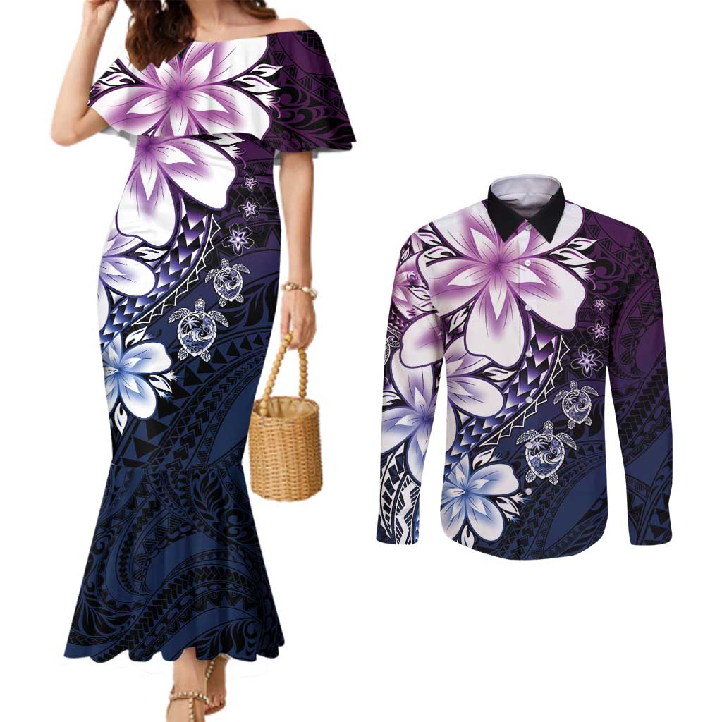Polynesia Romantic Valentine Couples Matching Mermaid Dress and Long Sleeve Button Shirt Sea Turtle Couple With Purple Gradient Plumeria
