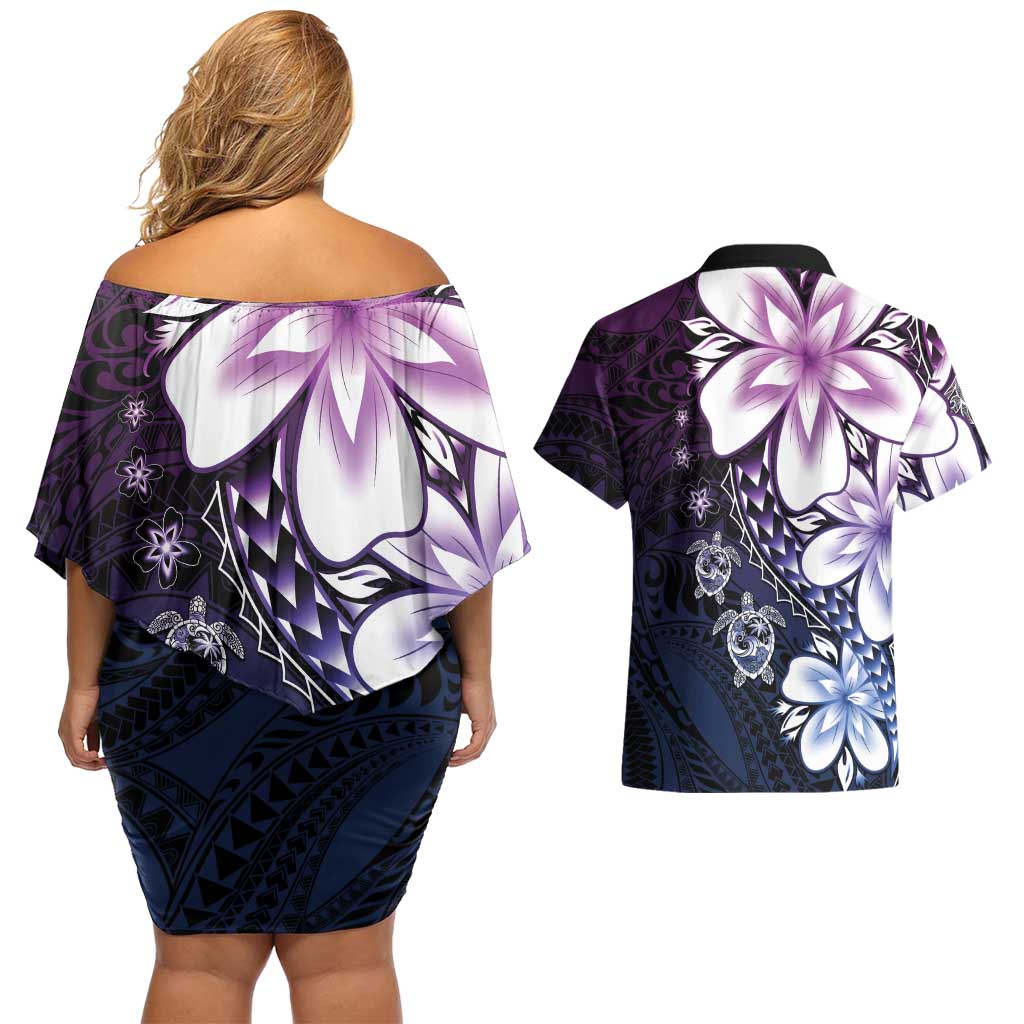 Polynesia Romantic Valentine Couples Matching Off Shoulder Short Dress and Hawaiian Shirt Sea Turtle Couple With Purple Gradient Plumeria