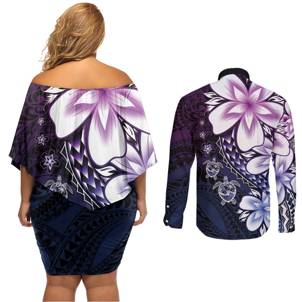 Polynesia Romantic Valentine Couples Matching Off Shoulder Short Dress and Long Sleeve Button Shirt Sea Turtle Couple With Purple Gradient Plumeria