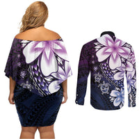 Polynesia Romantic Valentine Couples Matching Off Shoulder Short Dress and Long Sleeve Button Shirt Sea Turtle Couple With Purple Gradient Plumeria