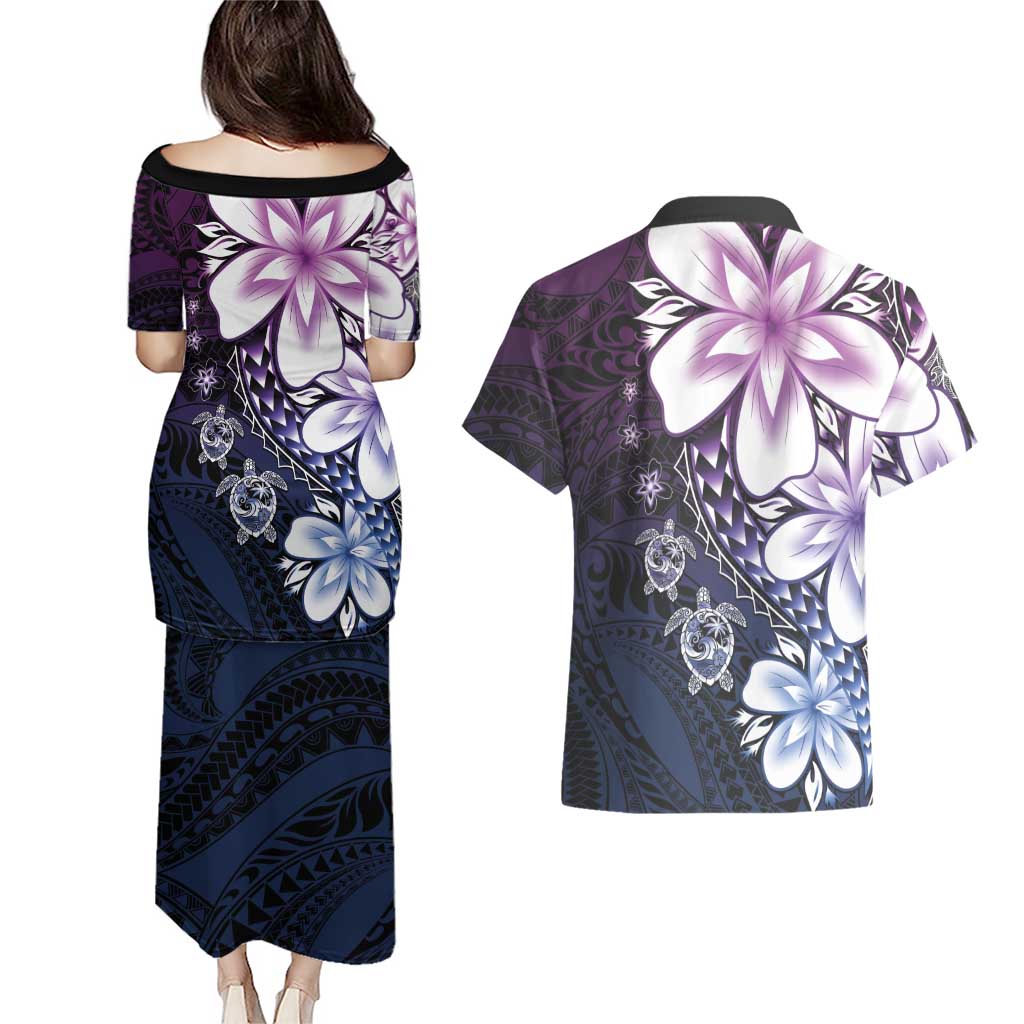 Polynesia Romantic Valentine Couples Matching Puletasi and Hawaiian Shirt Sea Turtle Couple With Purple Gradient Plumeria