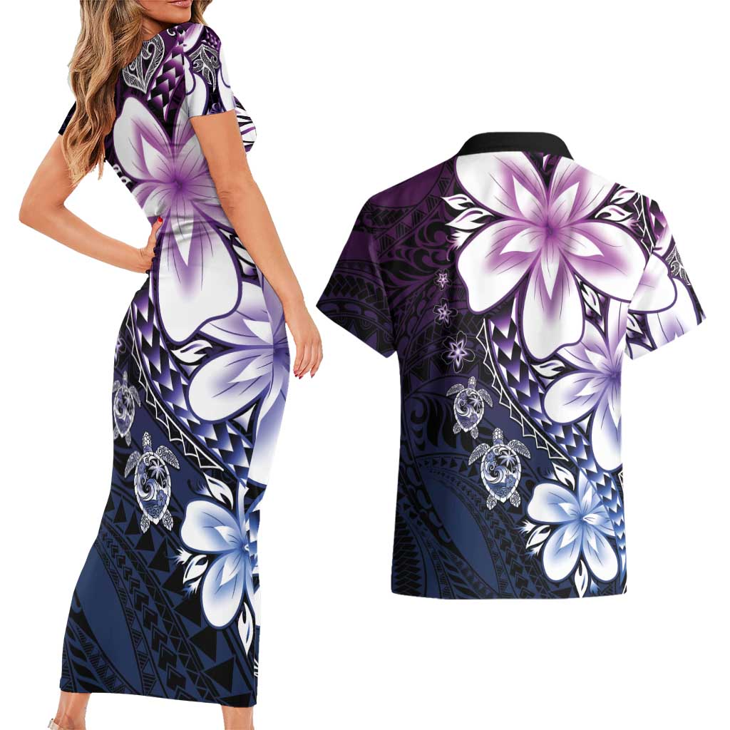 Polynesia Romantic Valentine Couples Matching Short Sleeve Bodycon Dress and Hawaiian Shirt Sea Turtle Couple With Purple Gradient Plumeria