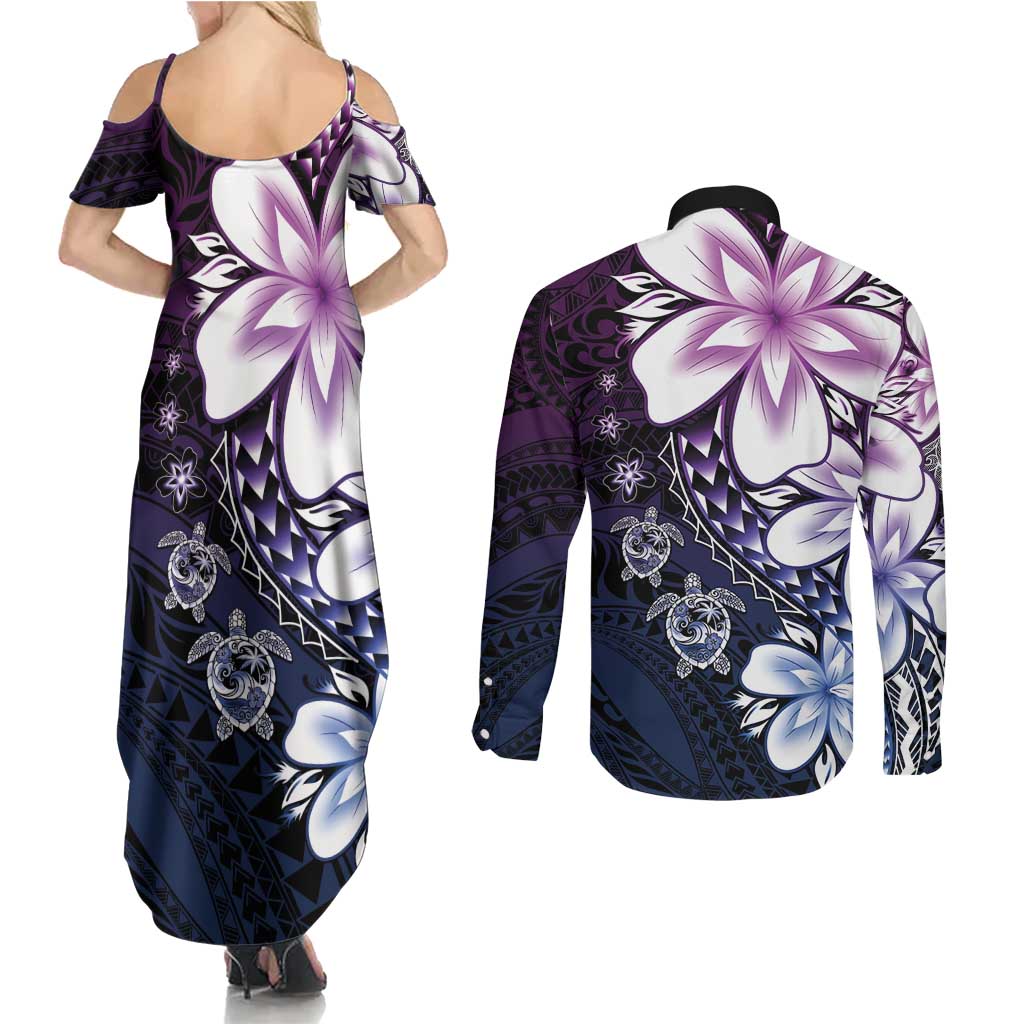 Polynesia Romantic Valentine Couples Matching Summer Maxi Dress and Long Sleeve Button Shirt Sea Turtle Couple With Purple Gradient Plumeria
