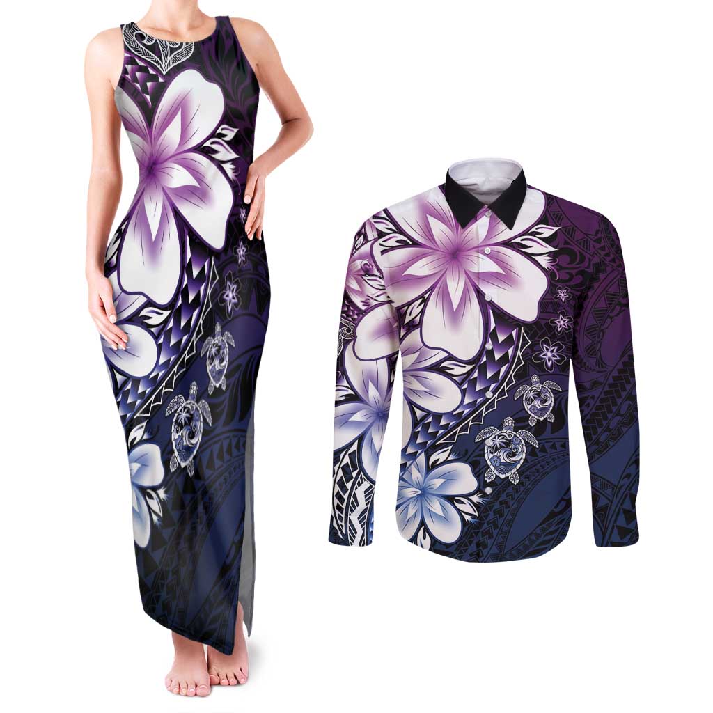Polynesia Romantic Valentine Couples Matching Tank Maxi Dress and Long Sleeve Button Shirt Sea Turtle Couple With Purple Gradient Plumeria