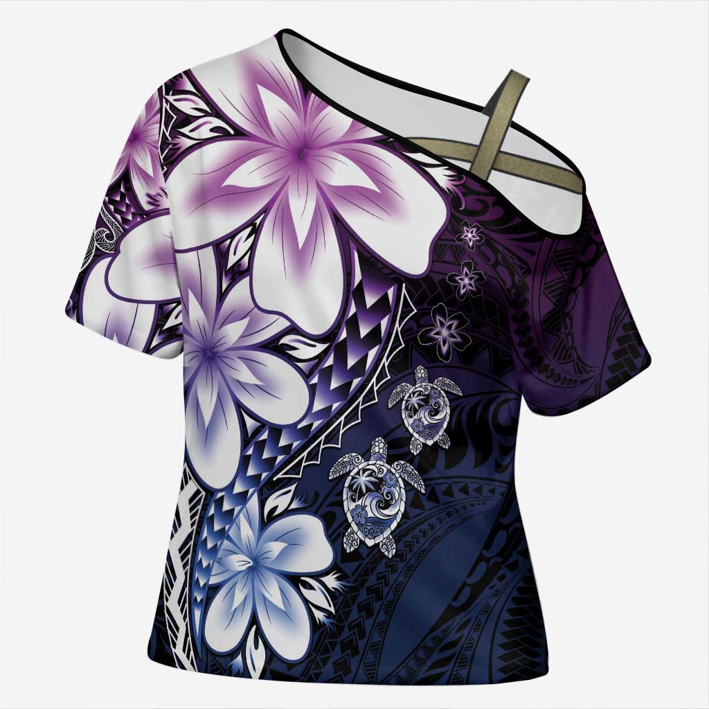 Polynesia Romantic Valentine Cross Shoulder Shirt Sea Turtle Couple With Purple Gradient Plumeria