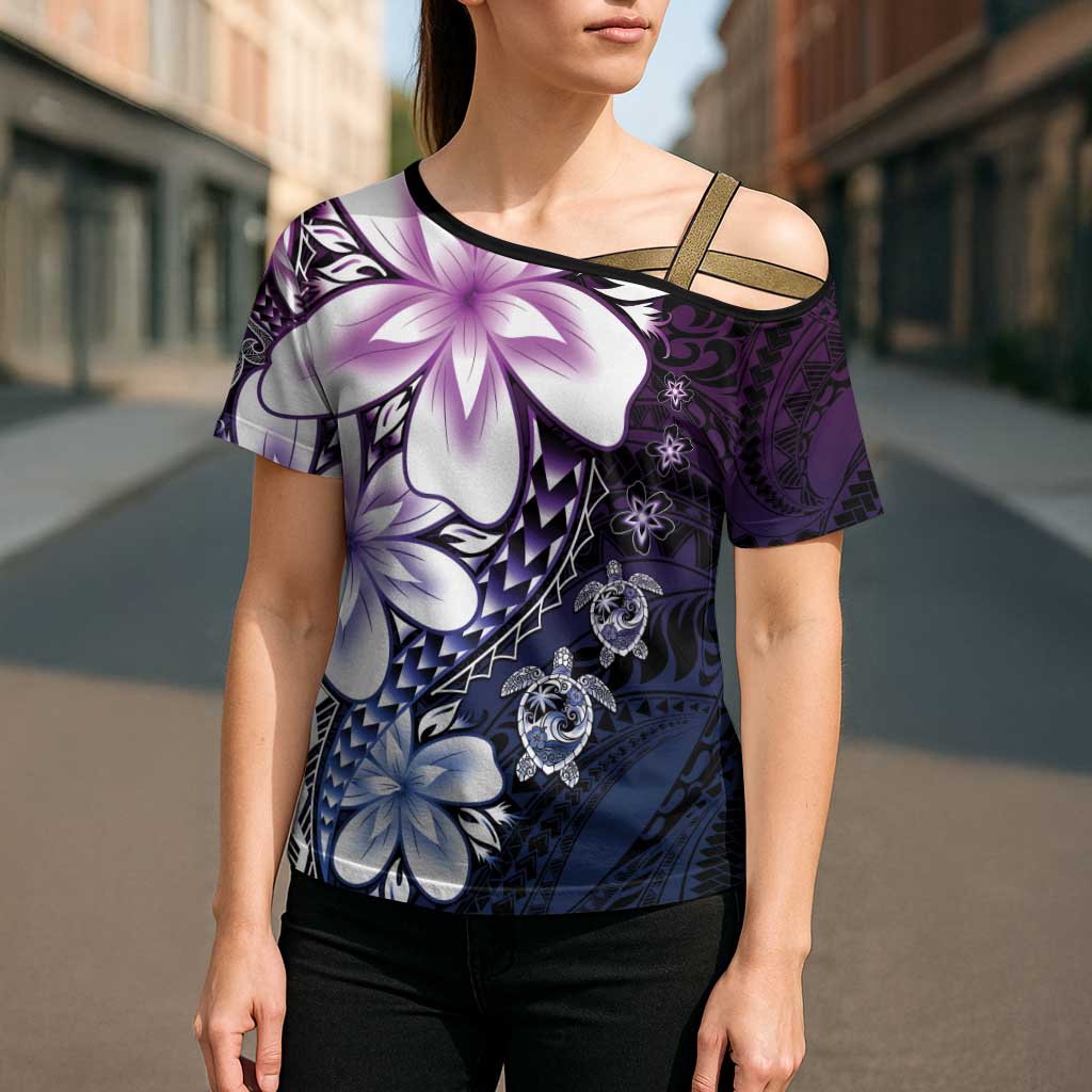 Polynesia Romantic Valentine Cross Shoulder Shirt Sea Turtle Couple With Purple Gradient Plumeria