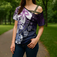 Polynesia Romantic Valentine Cross Shoulder Shirt Sea Turtle Couple With Purple Gradient Plumeria