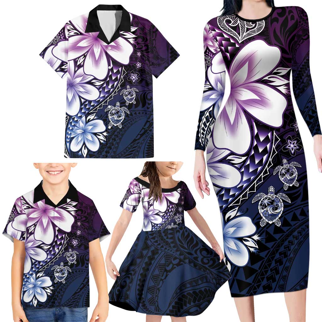 Polynesia Romantic Valentine Family Matching Long Sleeve Bodycon Dress and Hawaiian Shirt Sea Turtle Couple With Purple Gradient Plumeria