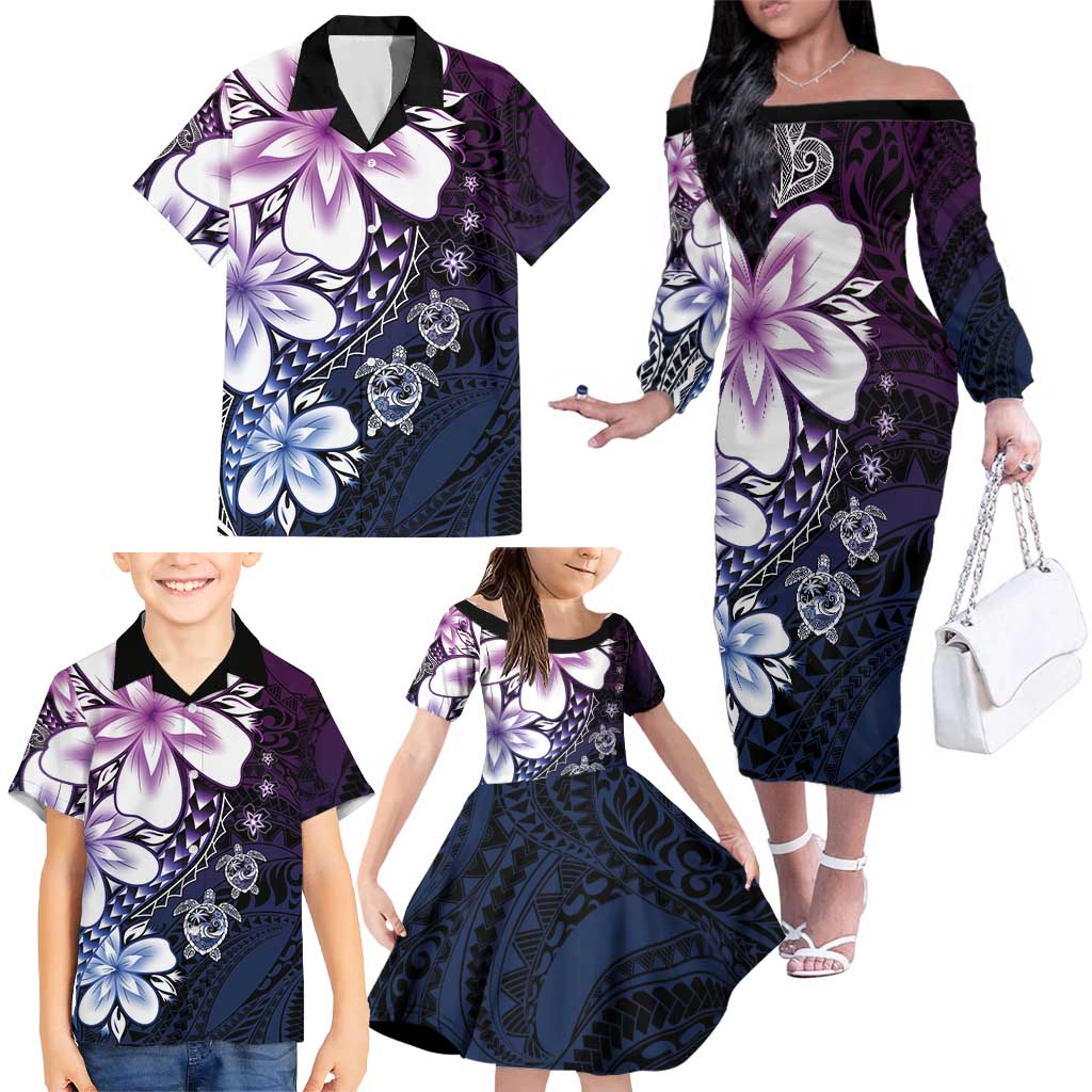 Polynesia Romantic Valentine Family Matching Off The Shoulder Long Sleeve Dress and Hawaiian Shirt Sea Turtle Couple With Purple Gradient Plumeria LT05 - Polynesian Pride