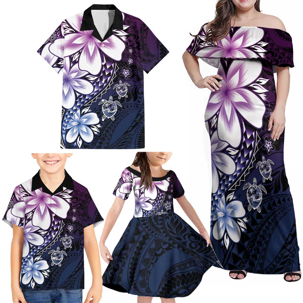 Polynesia Romantic Valentine Family Matching Off Shoulder Maxi Dress and Hawaiian Shirt Sea Turtle Couple With Purple Gradient Plumeria LT05 - Polynesian Pride