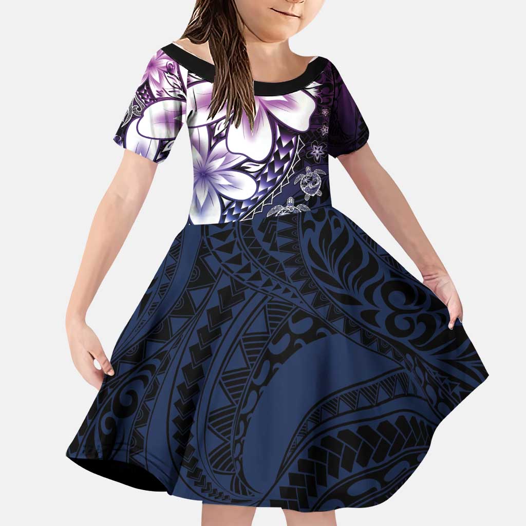 Polynesia Romantic Valentine Family Matching Off Shoulder Short Dress and Hawaiian Shirt Sea Turtle Couple With Purple Gradient Plumeria LT05 Daughter's Dress Purple - Polynesian Pride