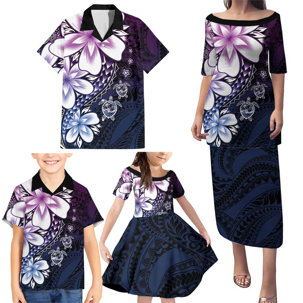 Polynesia Romantic Valentine Family Matching Puletasi and Hawaiian Shirt Sea Turtle Couple With Purple Gradient Plumeria