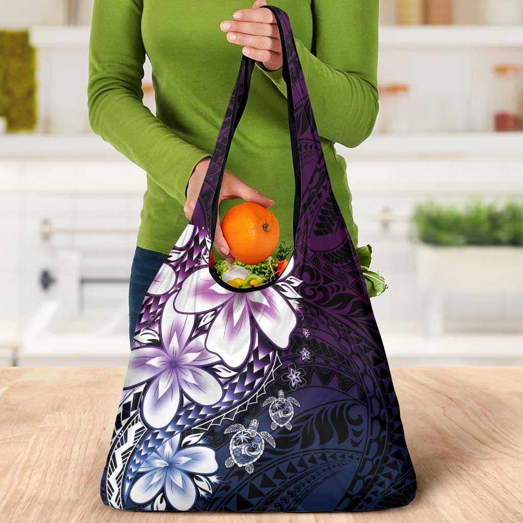 Polynesia Romantic Valentine Grocery Bag Sea Turtle Couple With Purple Gradient Plumeria