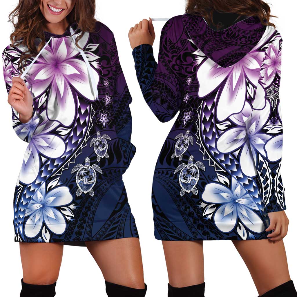 Polynesia Romantic Valentine Hoodie Dress Sea Turtle Couple With Purple Gradient Plumeria