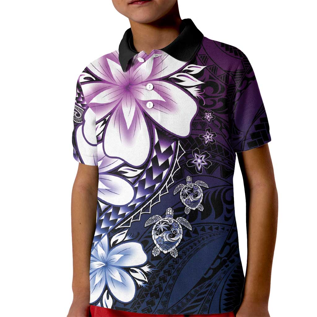 Polynesia Romantic Valentine Kid Polo Shirt Sea Turtle Couple With Purple Gradient Plumeria