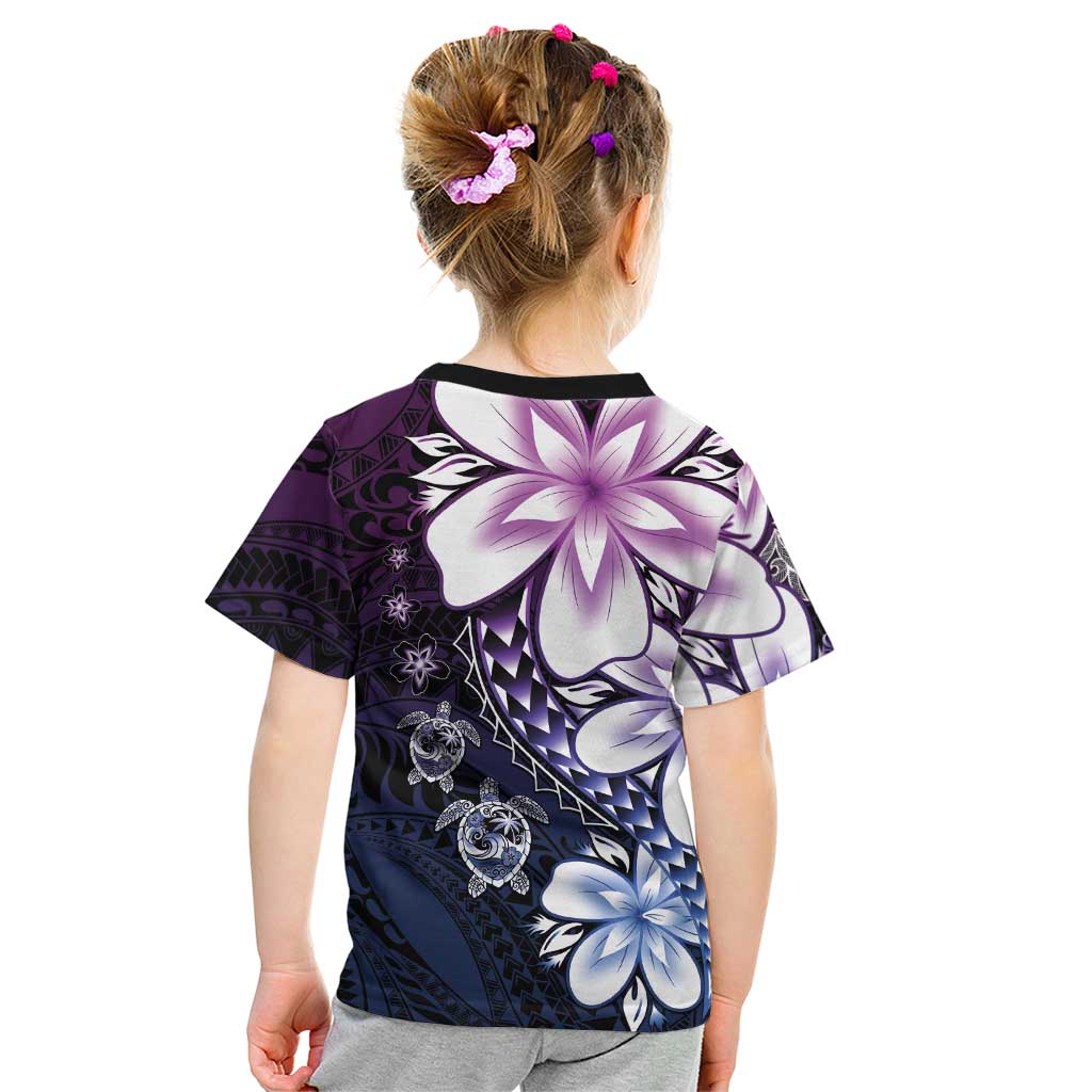 Polynesia Romantic Valentine Kid T Shirt Sea Turtle Couple With Purple Gradient Plumeria