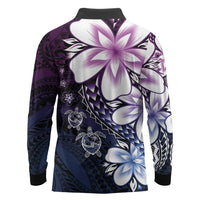 Polynesia Romantic Valentine Long Sleeve Polo Shirt Sea Turtle Couple With Purple Gradient Plumeria