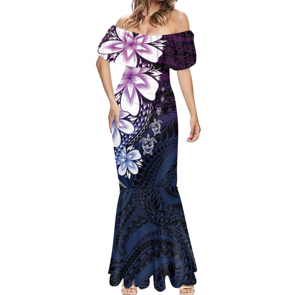 Polynesia Romantic Valentine Mermaid Dress Sea Turtle Couple With Purple Gradient Plumeria