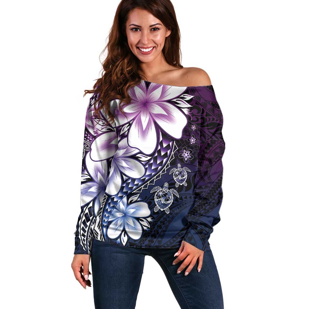 Polynesia Romantic Valentine Off Shoulder Sweater Sea Turtle Couple With Purple Gradient Plumeria