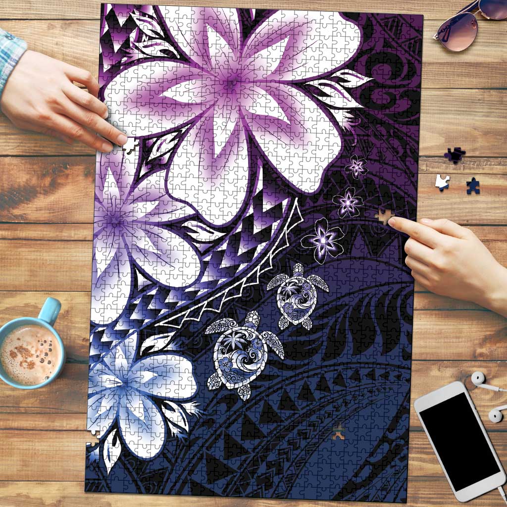 Polynesia Romantic Valentine Puzzle Sea Turtle Couple With Purple Gradient Plumeria