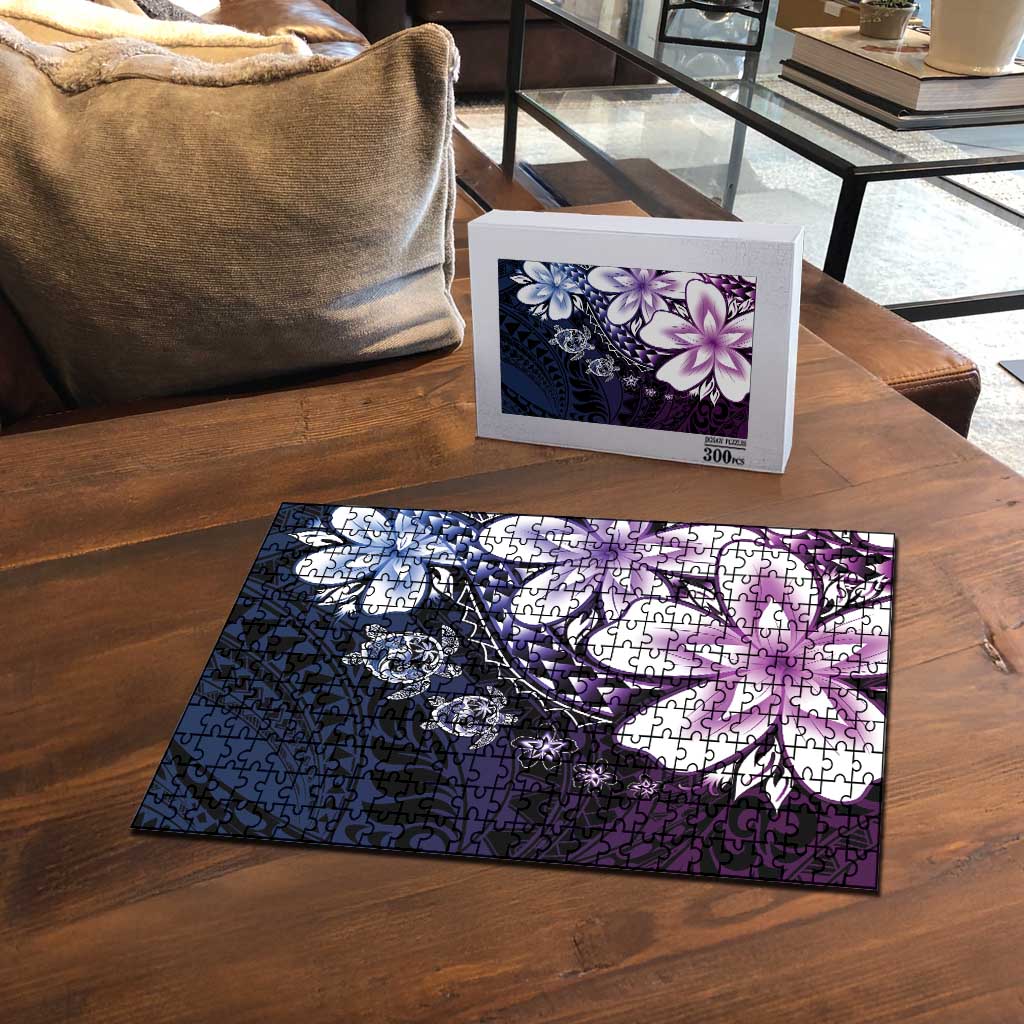 Polynesia Romantic Valentine Puzzle Sea Turtle Couple With Purple Gradient Plumeria