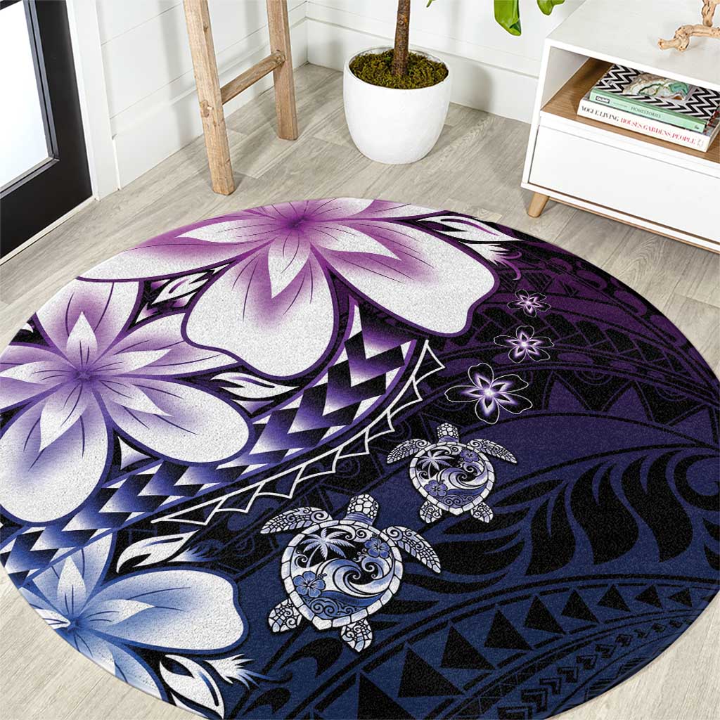 Polynesia Romantic Valentine Round Carpet Sea Turtle Couple With Purple Gradient Plumeria